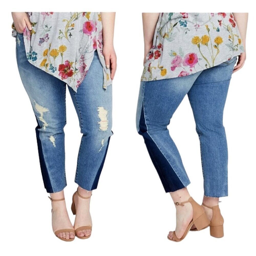RACHEL Rachel Roy Two-Tone Distressed Ankle Jeans - Light & Dark Blue